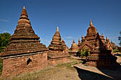 The cluster of red brick temples, named Khay-min-gha on the map on the North plain of Bagan. Myanmar. 